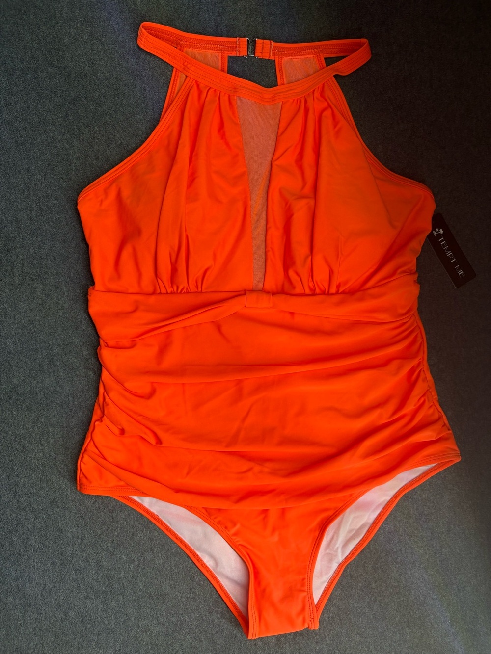 🆕 Tempt Me High-Neck Mesh Neon Orange One-Piece Swimsuit Size XL